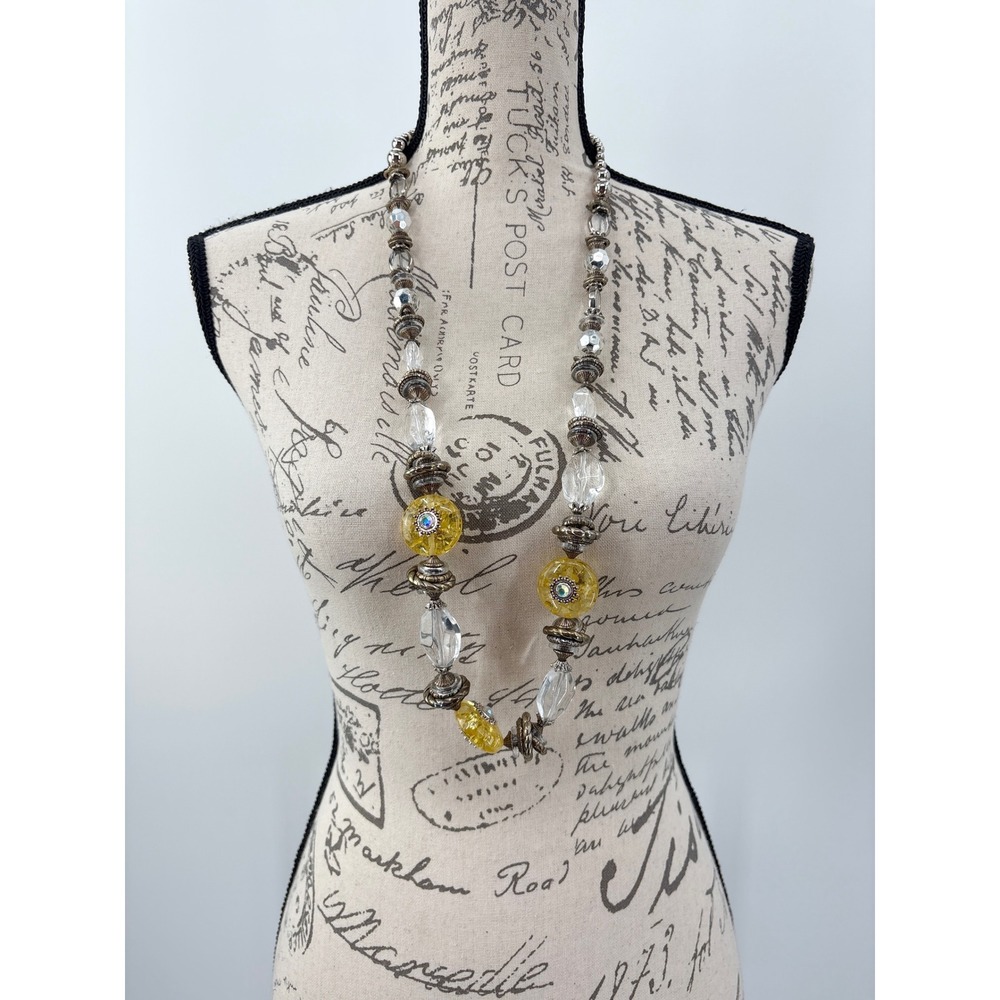 B12 Chico's Long Necklace Beaded Statement Yellow Clear Chunky Boho Whimsical
